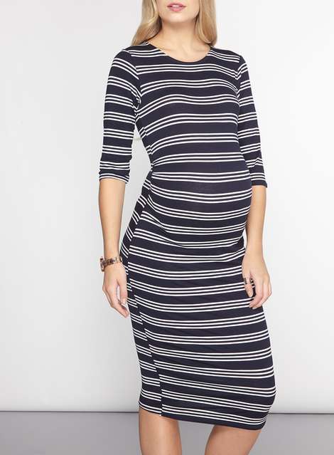 **Maternity Navy Stripe Ruched Dress